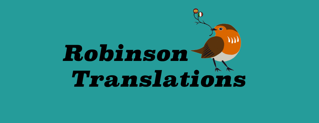 Robinson Translations Logo of a robin with Spanish and Italian flags